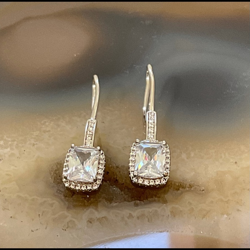 Sterling silver cubic zirconia square drop earrings cz halo